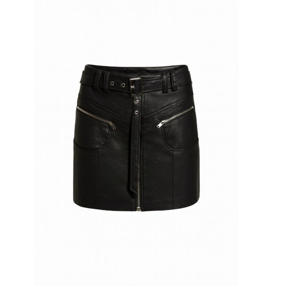 ASOS Skirt Womens US 2 UK 6 Black Leather Look Mini Belted Zip Pockets Moto